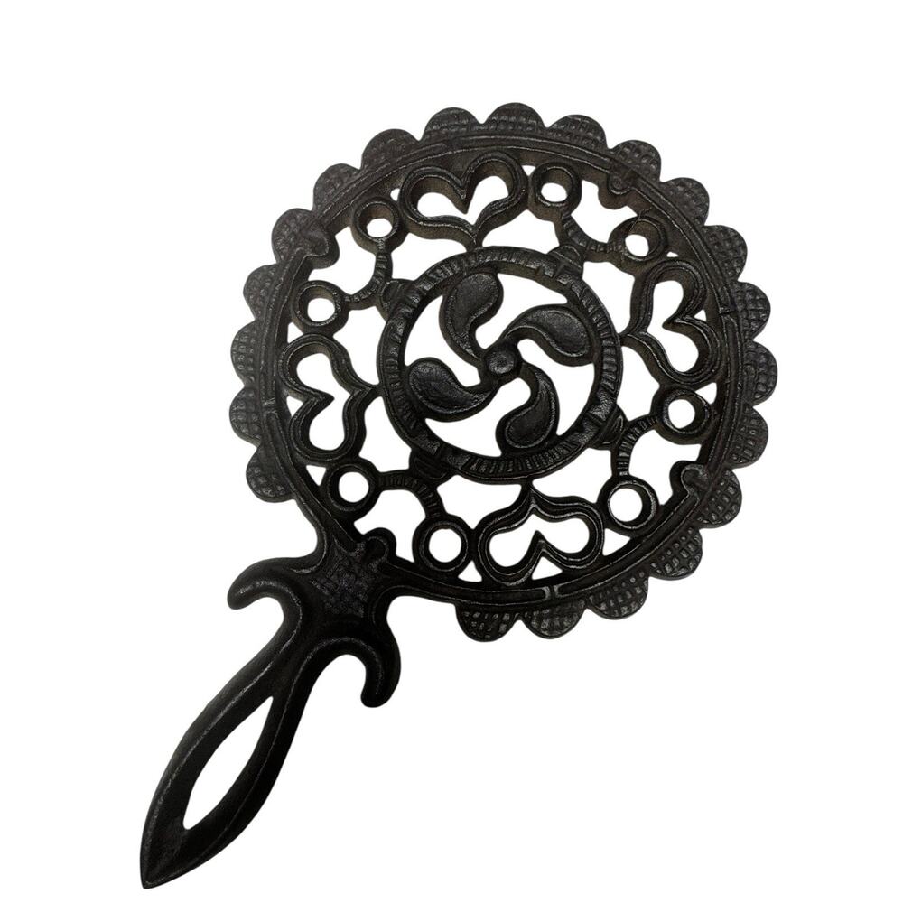 Vintage Cast Iron Trivet With Handle Round Pierced Farmhouse Kitchen Decor